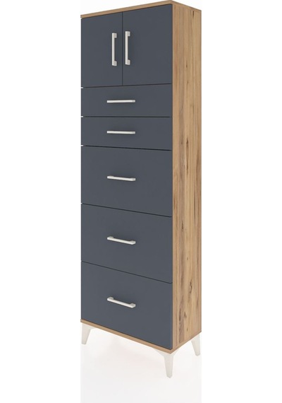 Arges Dolap Tek Raflı 5 Çekmeceli 2 Kapaklı 60x30x182 Çam-ant... Çam