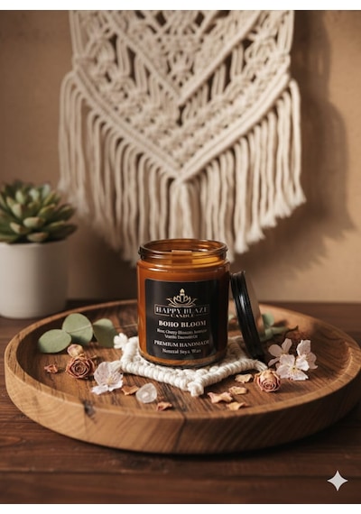 Boho Bloom Gül & Yasemin Kokulu El Yapımı Soya Mumu Happy Blaze Candle Amber