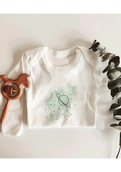 İmaj Tuğbababy Yeşil Gezegen Uzun Kol Çıtçıtlı Organik Bebek Body Beyaz
