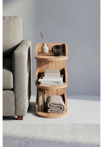 Yan Sehpa Modern 3 Katlı Kitaplıklı Çok Amaçlı Dekoratif Sehpa Minimal Tasarım 6103 Traverten Kahverengi