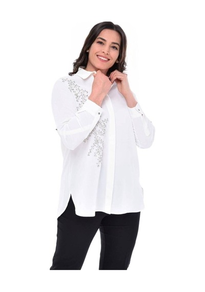 Hanezza Kadın Büyük Beden Beyaz Jesica Krep El Işi Işlemeli Abiye Gömlek Beyaz - 108776863 Beyaz