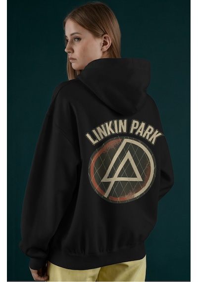 Sevbano Linkin Park Müzik Grubu Sırt Baskılı Unisex Oversize Penye Hoodie Siyah