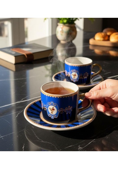 2 Kişilik Bird Blue Double Kahve Fincanı-5529 Mavi