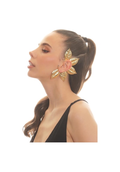 Kadın Altın Renk Lak Kaplama Zirkon Taşlı Dokulu Yaprak Stilizesi Sol Kulak Earcuff&kıkırdak Küpe Çok Renkli