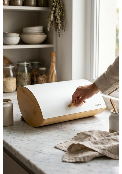 Cooker Novella Metal Kapaklı Bambu Ekmek Kutusu Ckr4543 Beyaz