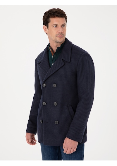 Cacharel Lacivert Slim Fit Yün Karışımlı Kruvaze Kaşe Kaban