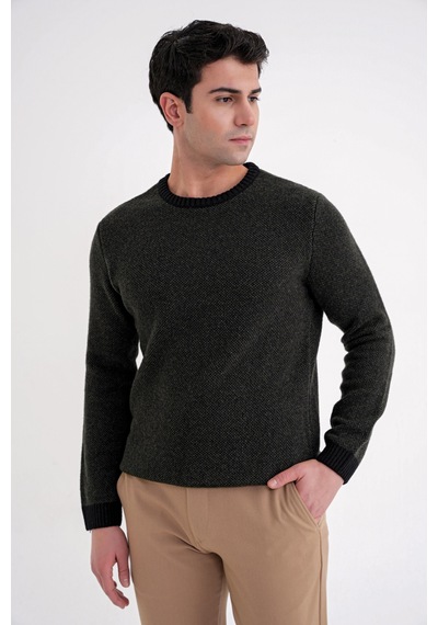Slim Fit Renkli Ribanalı Siyah Haki Yünlü Bisiklet Yaka Triko Kazak Tr 890 Siyah-haki