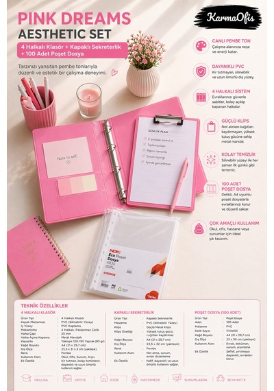 Pink Dreams Aesthetic Kırtasiye Seti A4 4 Halkalı Klasör + Kapaklı Sekreterlik + 100 Adet Poşet Dosya Pembe Pvc Organizer Set