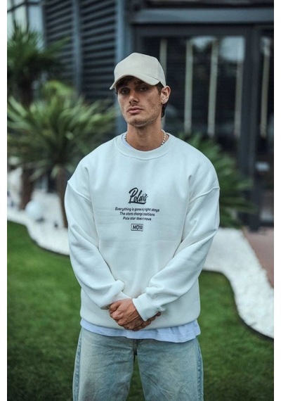 Erkek 3 İplik Pamuklu Bisiklet Yaka Ön Ve Arka Baskılı Sweatshirt - Beyaz