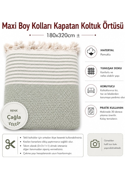 Pamuklu Kaymaz Hasır Dokuma Maxi Boy Kolları Örten Koltuk Örtüsü 180x310 - Çağla