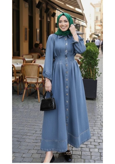 Hb Harma Time Butik Kadın Beli Büzgülü Düğmeli Kot Mavi Elbise