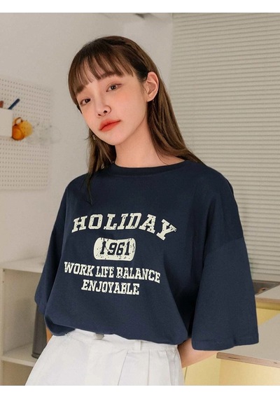 Flood Of Style Kadın Lacivert Holiday 1961 Baskılı Oversize T-shirt