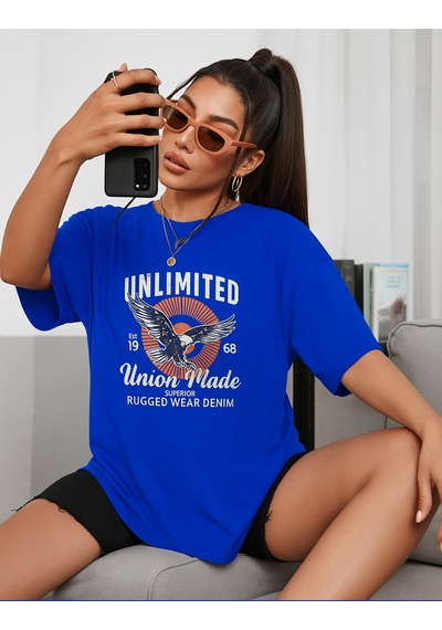 Unlimited Baskılı Oversize T-shirt Saks Mavisi