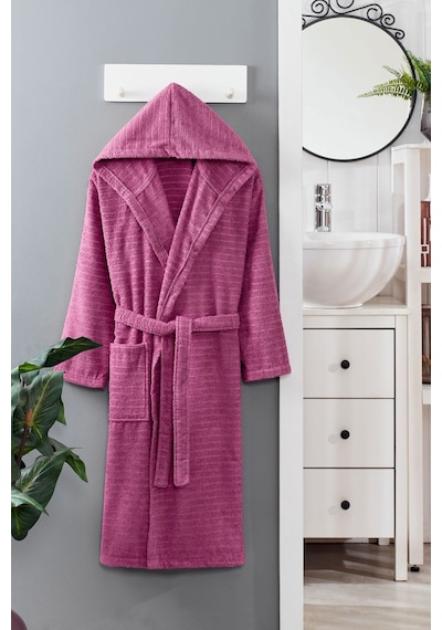 2 Li Kapşonlu Unisex Banyo Bornozu Seti %100 Soft Pamuklu Antasit-mürdüm