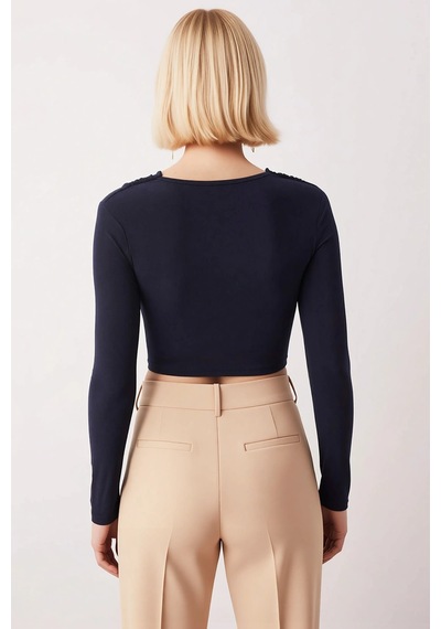 Benerly Kadın Bluz Crop V Yaka Uzun Kol Fitted Kalıp Örme Kumaş Düz Desen Lacivert