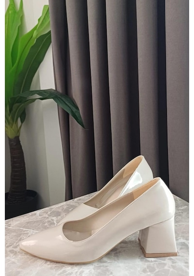 Preshley Kadın Nova Krem Rugan 6,5 Cm Kalın Topuklu Stiletto Krem