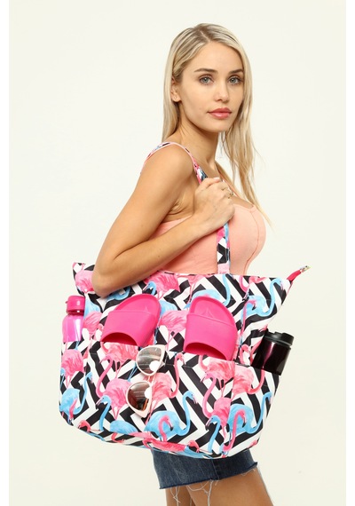 İcone Bag Kadın Çantası, Fonksiyonel Baskılı Plaj Çanta, Beach Bag, Karpuz Tropical Desenli Fermuarlı Çanta Pembe - Siyah
