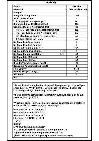 Arçelik 578557 EB 557 LT No-Frost Çift Kapılı Buzdolabı