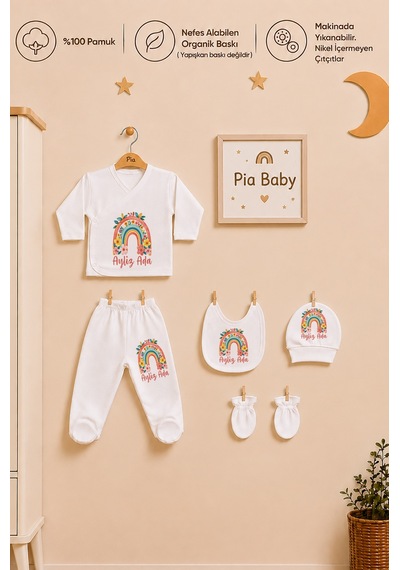 Pia Baby İsme Özel Kız Bebek Hastane Çıkışı 6'lı Set %100 Pamuk Organik Baskılı Battaniyeli Zıbın Seti 1023bzyx Ekru