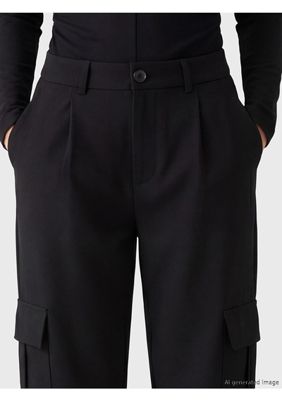 Lcw Vision Siyah Loose Fit Kadın Pileli Kargo Pantolon