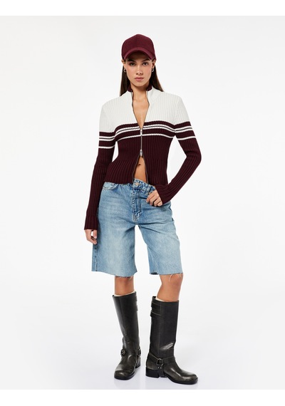 Koton Dik Yaka Slim Fit Uzun Kollu Çizgili Fermuarlı Triko Hırka Bordo Çizgili 6wal90108ht Bordo Çizgili