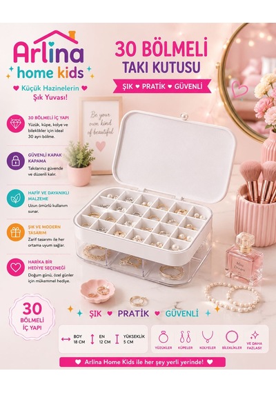 30 Bölmeli Beyaztakı Kutusu Düzenleyici Seyahat Çantası Kolye Yüzük Küpe Organizer 18cmx12,5cm Beyaz