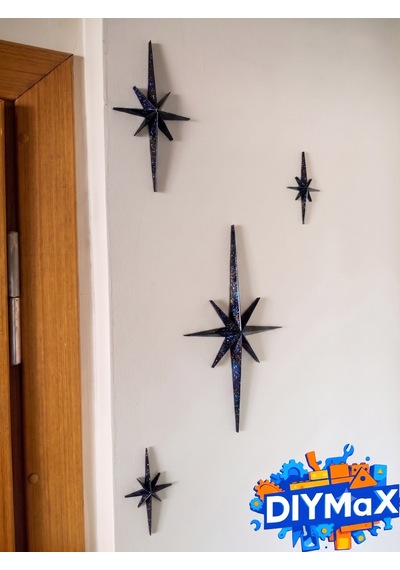 Yıldız Duvar Dekoru 4'lü Set Mid-century Modern Starburst Dekoratif Duvar Süsü - Siyah