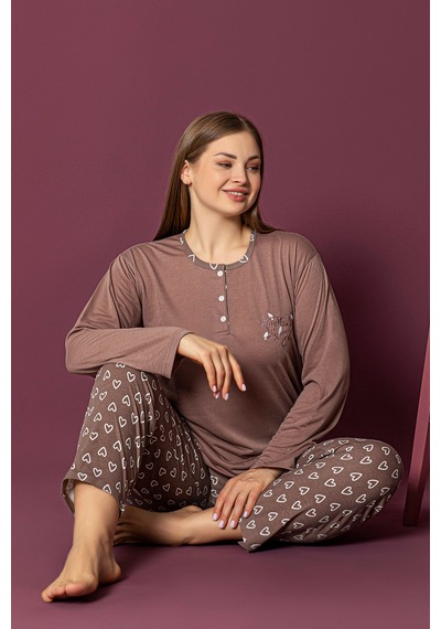 Nisanca Uzun Kollu %100 Pamuk Büyük Beden Anne Pijama Takımı- Anne Özel Serisi Kahve