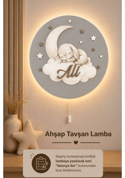 Ahşap Uyuyan Tavşan Lamba İsme Özel Pilli Ledli Gece Lambası Bebek Çocuk Odası Gri