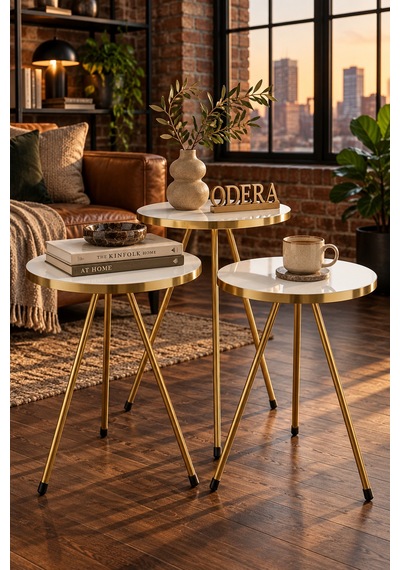 Odera Beyaz Yuvarlak Zigon Sehpa 3'lü Set Metal Ayaklı Modern Salon Sehpası