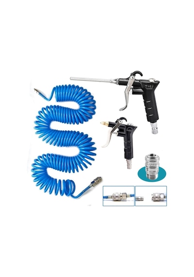 Kompresör Spiral Hava Hortumu 8 Mm 15 M Hava Jakı Hava Tabancası Recor 3 Pcs Seti