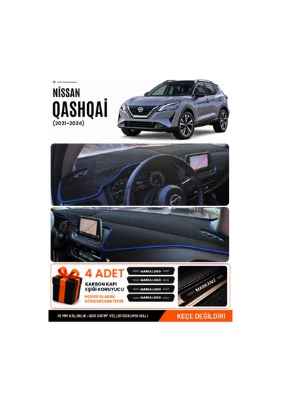 Nissan Qashqaı 2021-2024 Uyumlu Torpido Örtüsü, Torpido Kılıfı - Siyah-mavi - Nı021