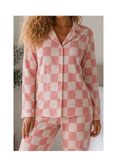 Fit Women Kadın Örme Gömlek Yaka Pembe Pijama Takımı