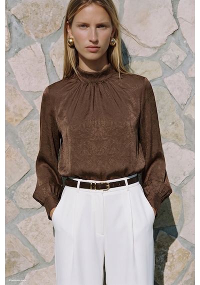 Sateen Uzun Kollu Bluz - Açık Kahve-137827 Açık Kahverengi
