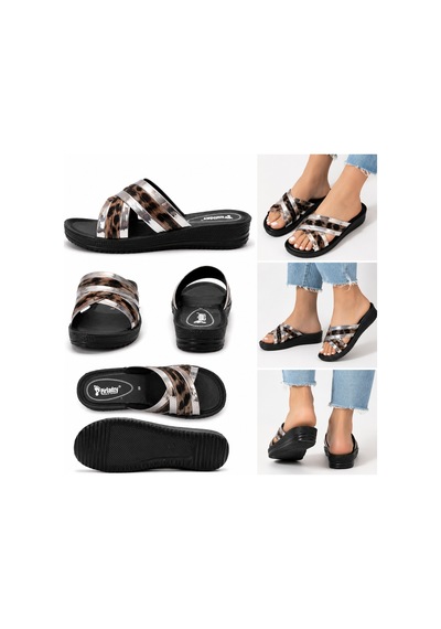 N Napa Shoe Pld.2001.gümüş Kadın Leopar Desenli Çapraz Bantlı Günlük Terlik Kaymaz Taban, Hafif Ve Rahat Yazlık Terlik
