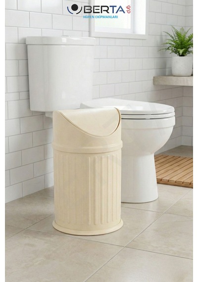 Vintage Sallanır Kapaklı Banyo Ve Mutfak Çöp Kovası - Dekoratif Pratik Kapak Tasarım Çöp Kutusu Krem