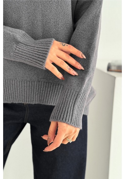 Femelle Kadın Füme Standart Beden Oversize Basic Triko Kazak - 357bnd Gri