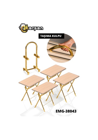 Eranş Serisi 4'lü Katlanır Mdf Mebran Ahşap Çanta Zigon Sehpa Gold Ayak Krem Ahşap Desen Gold Ayak