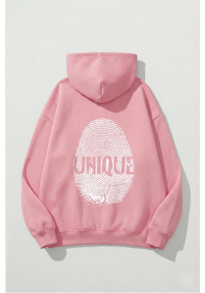 Uyguntarz Unisex Yumuşak Dokulu Unique Fingerprint Baskılı Tasarım Oversize 3 İplik Hoodie Sweatshirt Pembe