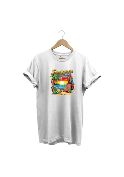Renkli Summer Vibes Tasarım Baskılı Ve Papağan %100 Pamuk Regular Fit Premium Beyaz T-shirt Beyaz