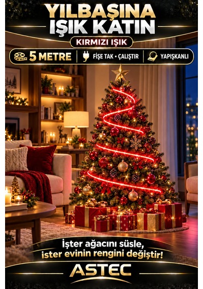 Astec Tak Çalıştır 5 Metre Yapışkanlı Kırmızı Şerit Led Yılbaşı Ağacı Süsü Ve Dekoratif Ev Aydınlatması Fişe 220v