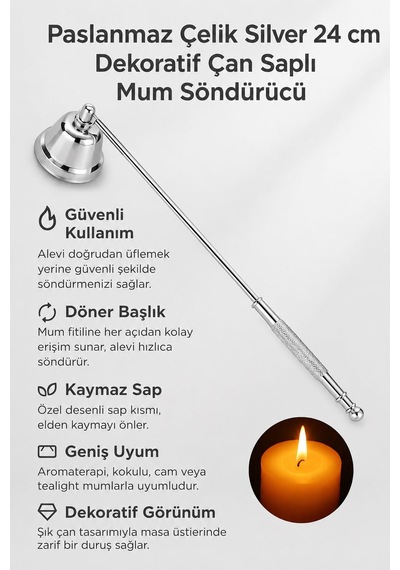 Hareketli Baş Çelik Silver 22 Cm Dekoratif Çan Dizayn Saplı Mum Söndürücü Cin818slv Gümüş