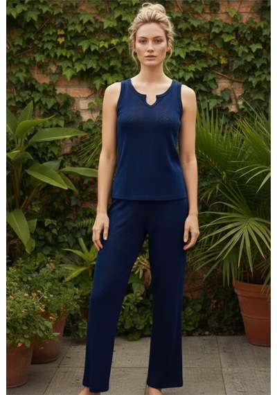 Siyah İnci Pointel Ajurlu/delikli Kolsuz Örme Pijama Takım26120566 Lacivert
