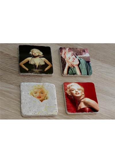 Marilyn Monroe Fotoğrafları Doğal Taş Bardak Altlığı 4'lü Set - Natural Stone Coasters - Taş Çok Renkli