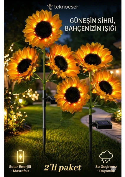 Güneş Enerjili Solar Bahçe Aydınlatması - 2'li Paket Dev Ayçiçeği Led Lamba - Su Geçirmez Dekoratif Bahçe Sarı