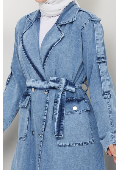 Hb Harma Time Butik Kadın Cepli Kuşaklı Denim Mavi Trençkot