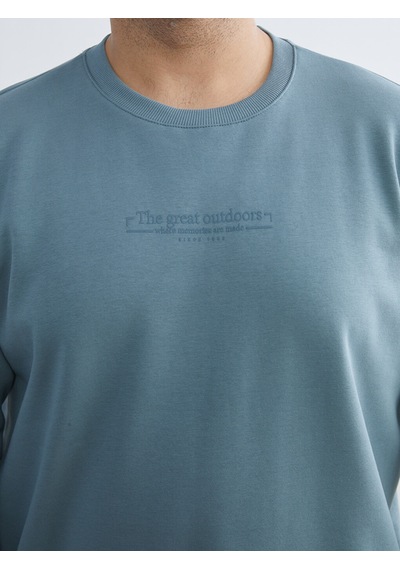 Lcwaıkıkı Classic İndigo Büyük Beden Bisiklet Yaka Baskılı Kalın Erkek Sweatshirt