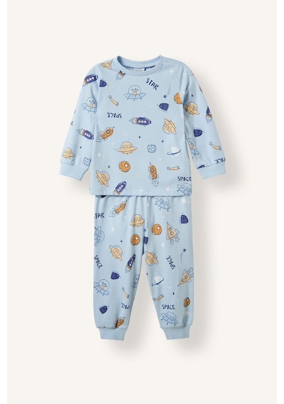 Defacto Baskılı Uzun Kollu Üst Elastik Bel Alt 2li Pijama Takımı Erkek Bebek H6540a526aube343 Mavi-be343