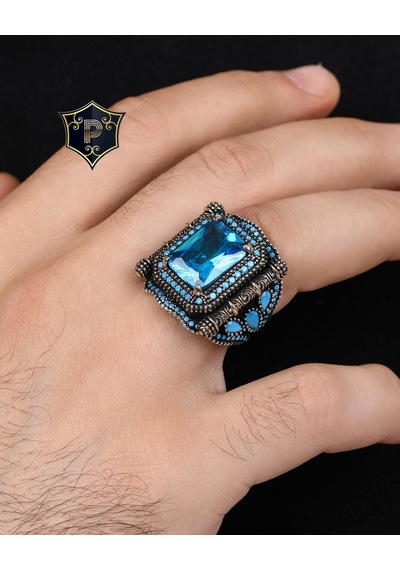 Aquamarine Taşlı Zirkon Taş Süslemeli 925 Ayar Gümüş Erkek Yüzüğü