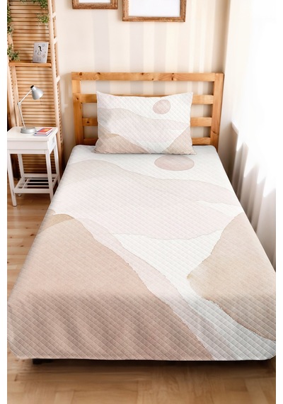 Bej Geometrik Genç Odası Tek Kişilik Pike Takımı - Modern Ekru 160x220 Cm Kapitone Yatak Örtüsü Naif Sazlık Dengesi